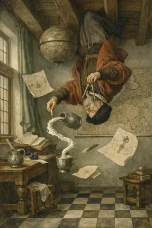The Geographer Adrift — Dutch Golden Age domestic interior × zero gravity