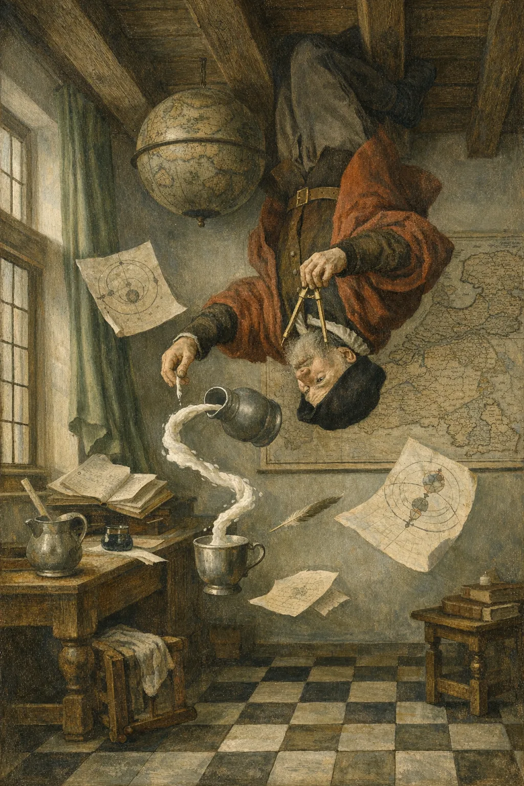 The Geographer Adrift — Dutch Golden Age domestic interior × zero gravity