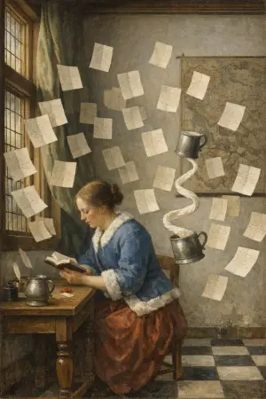 Letter in Free Fall — Dutch Golden Age domestic interior × zero gravity