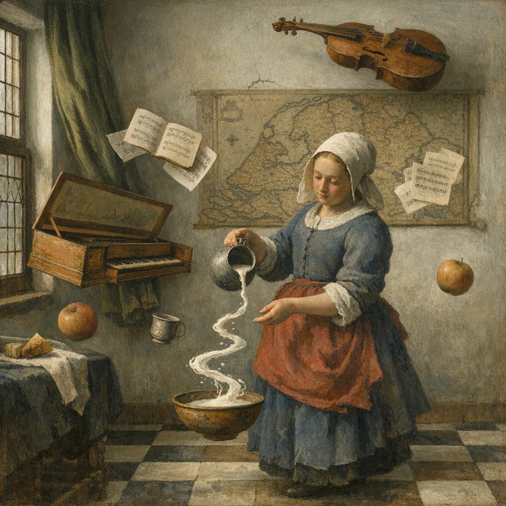 Music Lesson, Zero G — Dutch Golden Age domestic interior × zero gravity