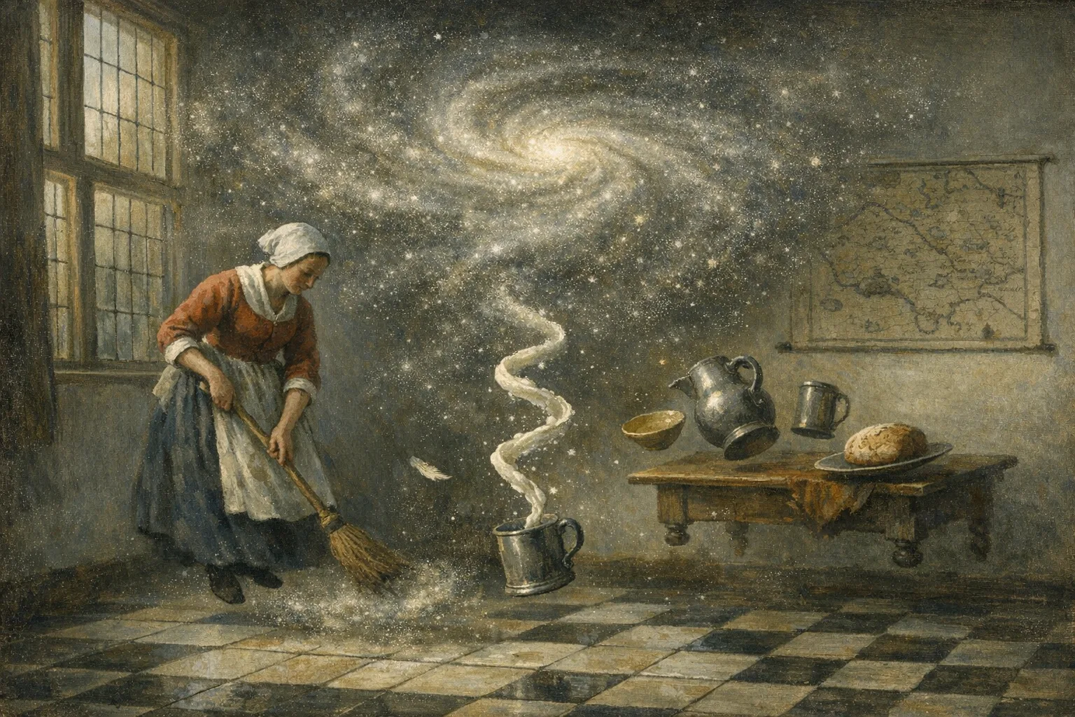 The Swept Room — Dutch Golden Age domestic interior × zero gravity