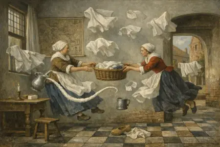 Washday Nebula — Dutch Golden Age domestic interior × zero gravity