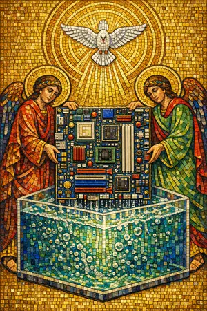 Baptism of Immersion Cooling — Byzantine mosaic icon × domestic machinery