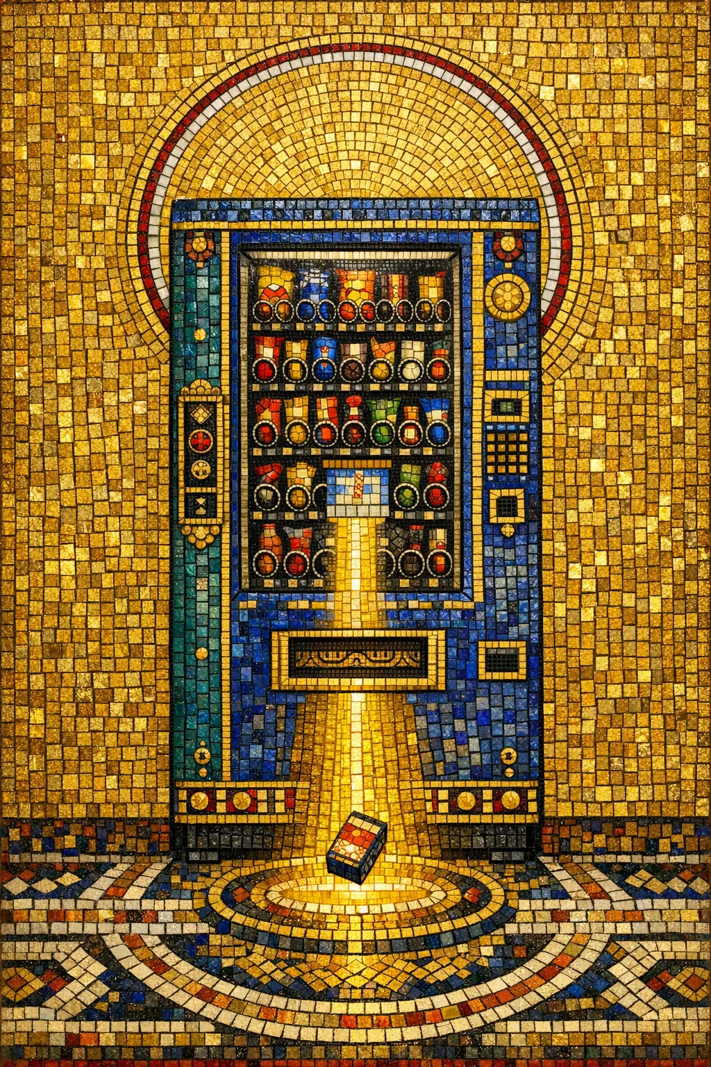 Blessing of the Vending — Byzantine mosaic icon × domestic machinery