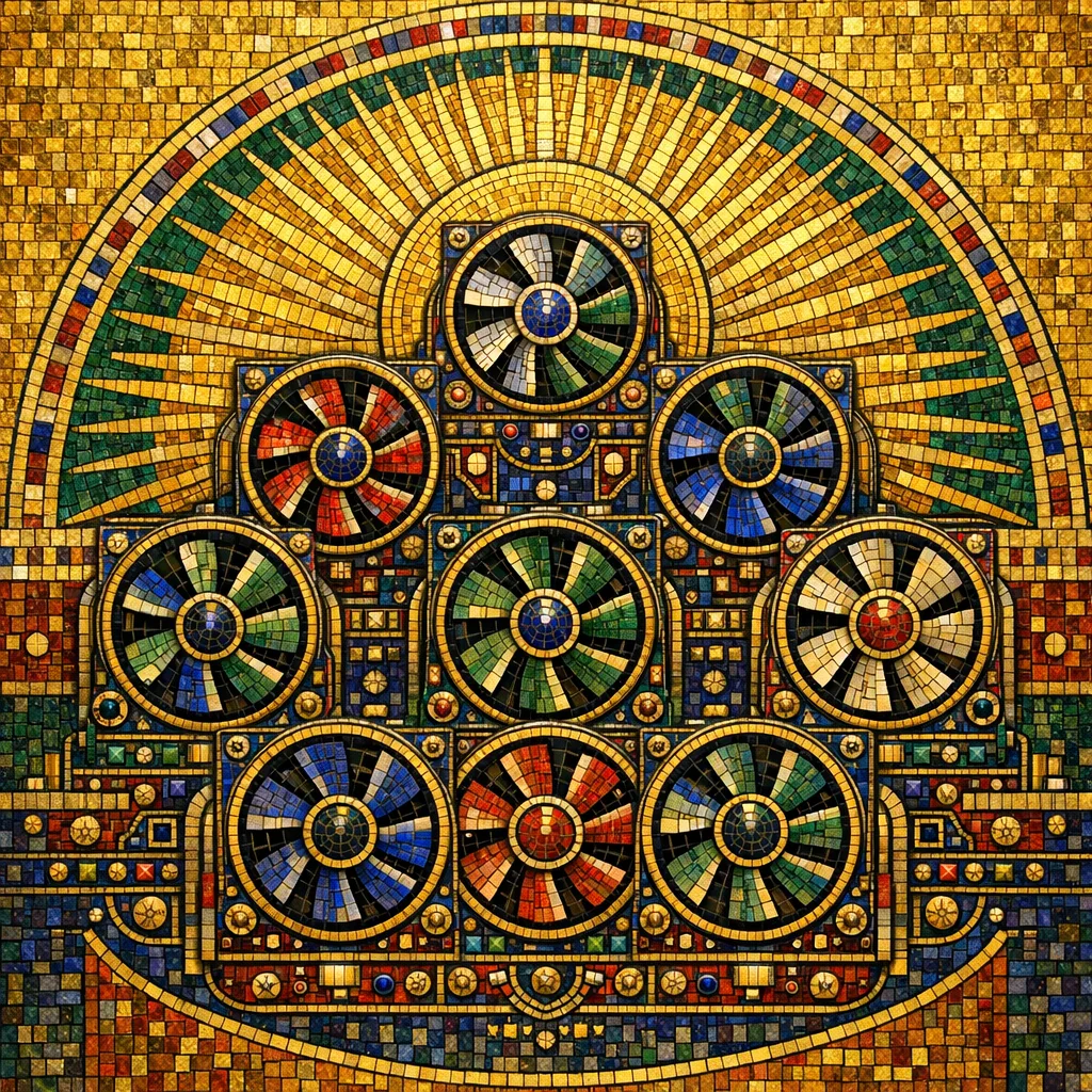 Choir of the Cooling Fans — Byzantine mosaic icon × domestic machinery