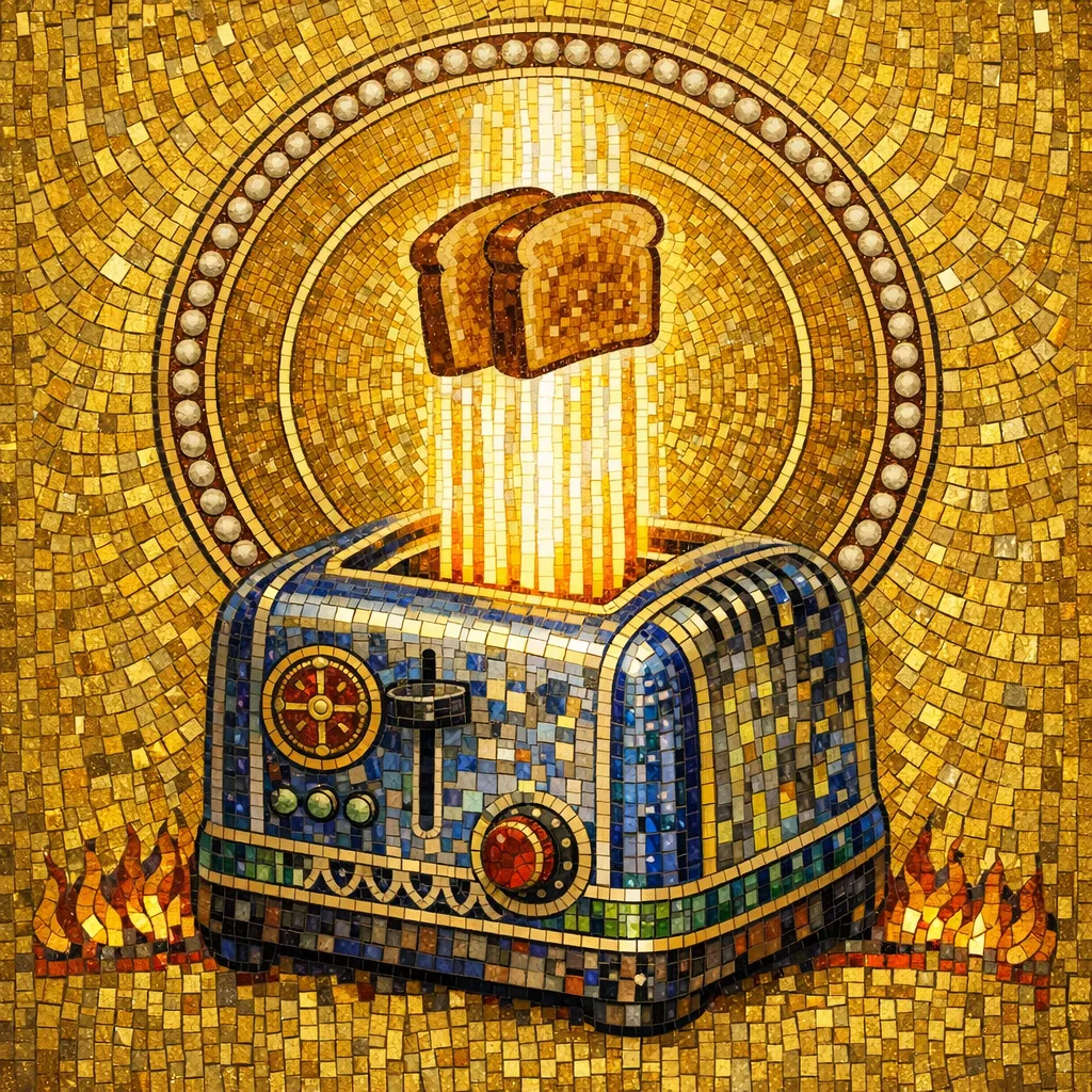 Martyr of the Toaster — Byzantine mosaic icon × domestic machinery