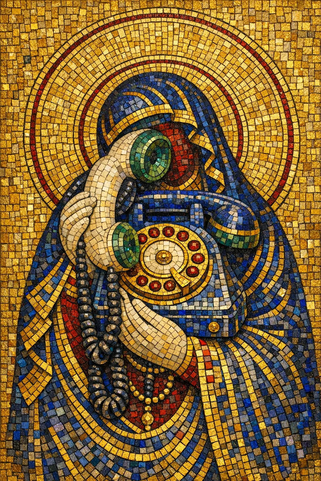 Our Lady of Dial Tone — Byzantine mosaic icon × domestic machinery