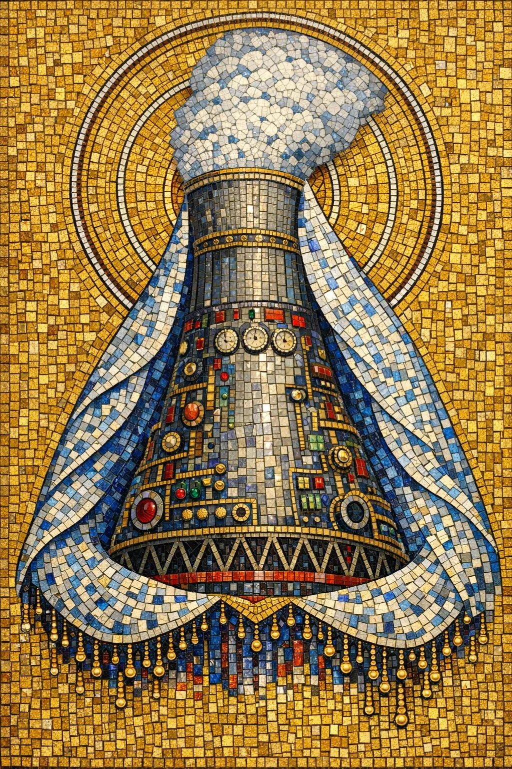 Our Lady of the Cooling Tower — Byzantine mosaic icon × domestic machinery