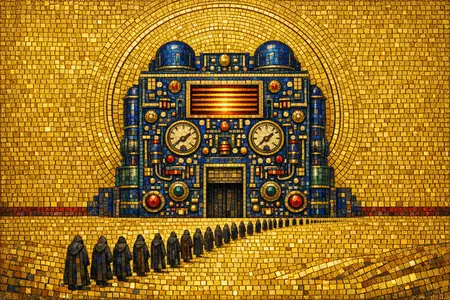 Pilgrimage to the Data Hall — Byzantine mosaic icon × domestic machinery