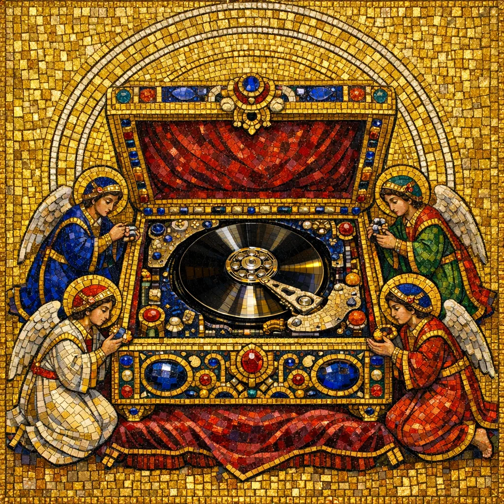 Reliquary of the First Weights — Byzantine mosaic icon × domestic machinery