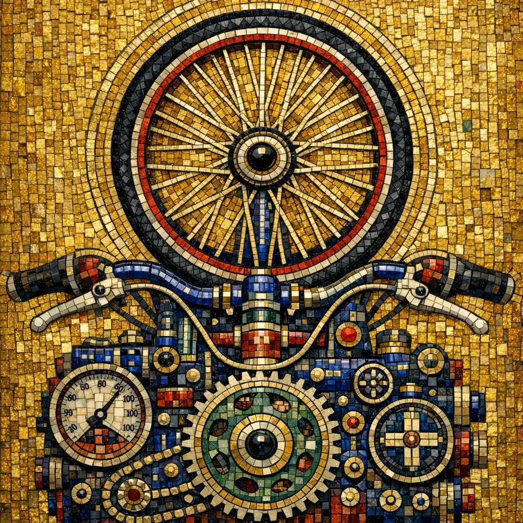 Saint Catherine of the Wheel — Byzantine mosaic icon × domestic machinery