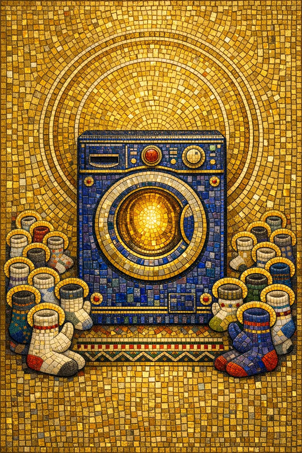 Saint of the Laundromat — Byzantine mosaic icon × domestic machinery