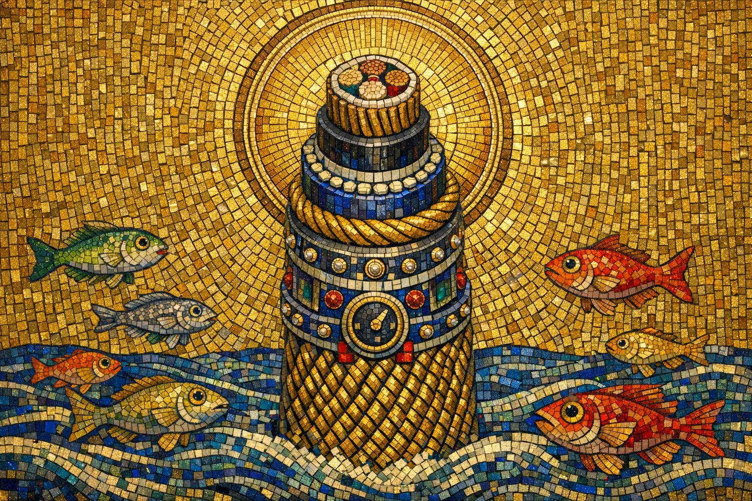 Saint of the Undersea Cable — Byzantine mosaic icon × domestic machinery