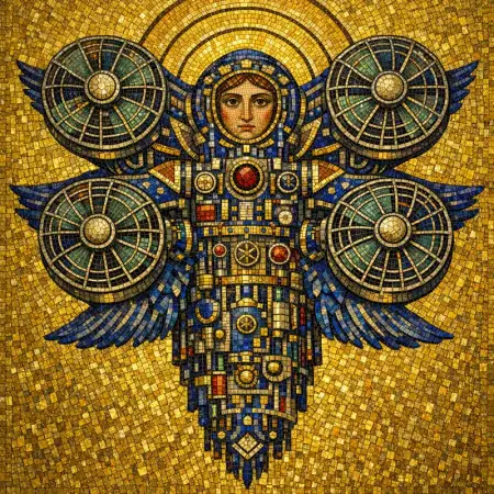 Seraph of Fans — Byzantine mosaic icon × domestic machinery