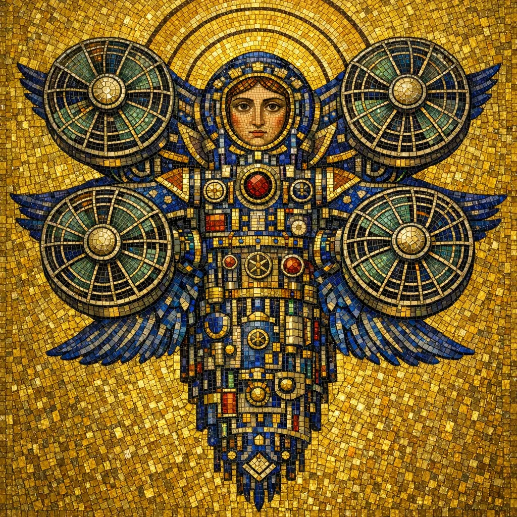 Seraph of Fans — Byzantine mosaic icon × domestic machinery