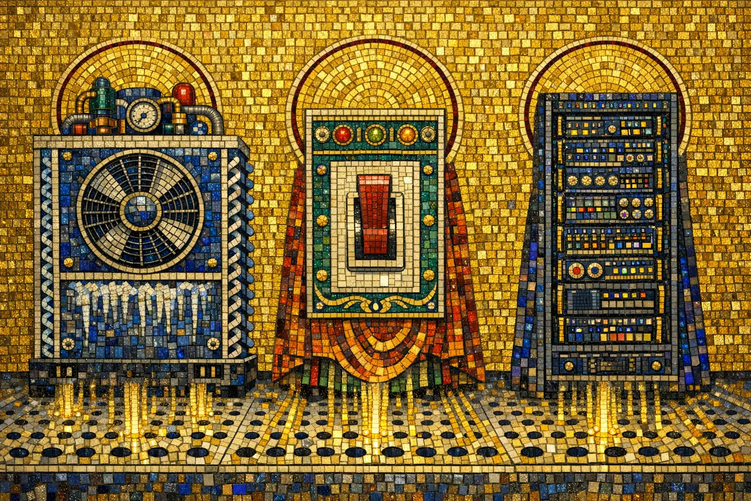 The Raised Floor Deesis — Byzantine mosaic icon × domestic machinery