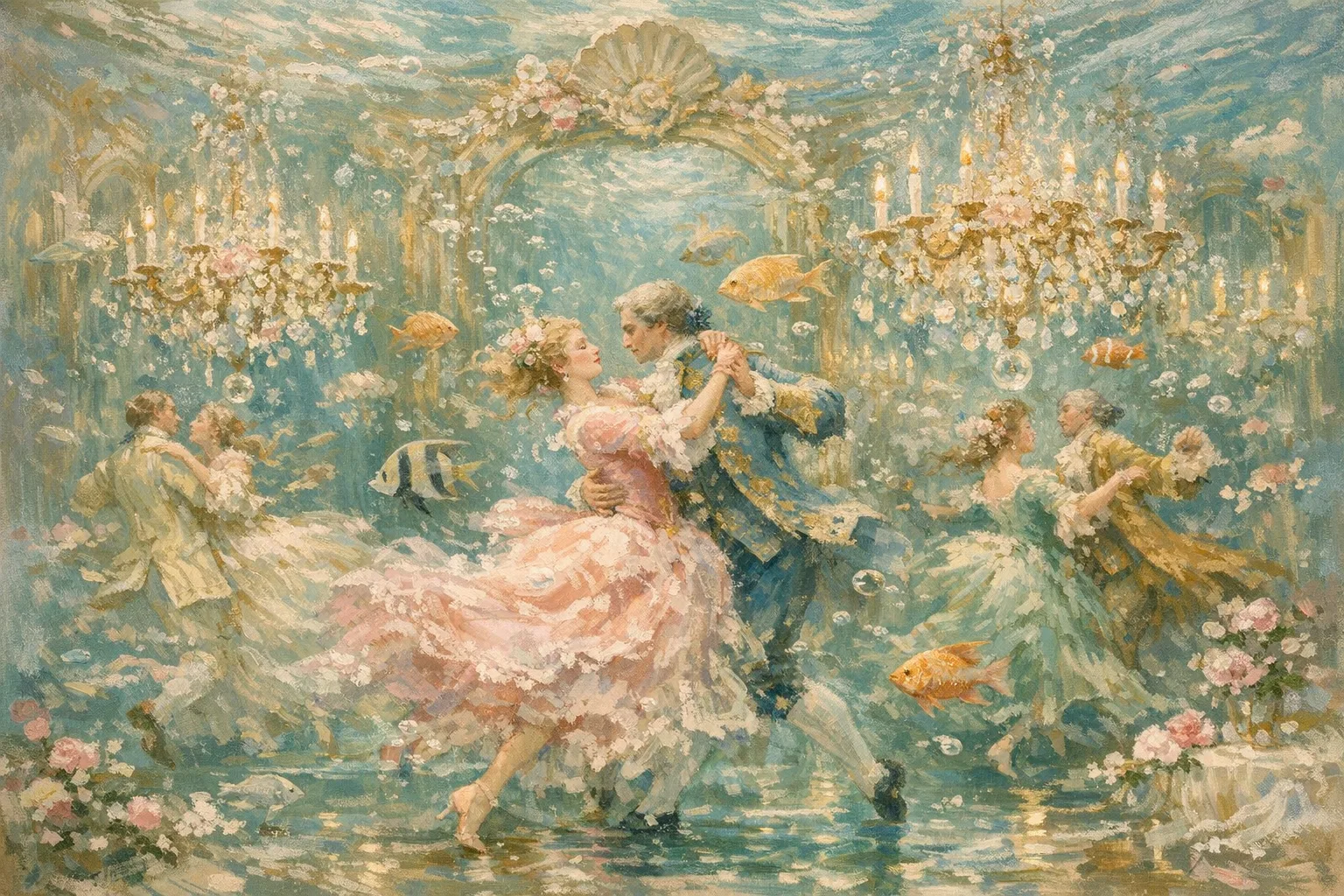 Ballroom Underwater — French Rococo pastel × serene catastrophe