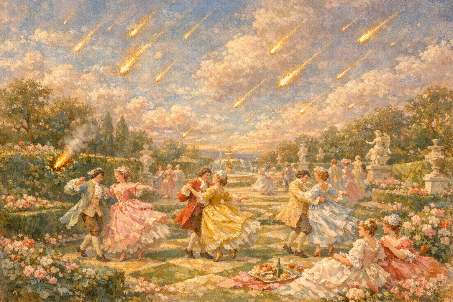 Meteor Garden Party — French Rococo pastel × serene catastrophe