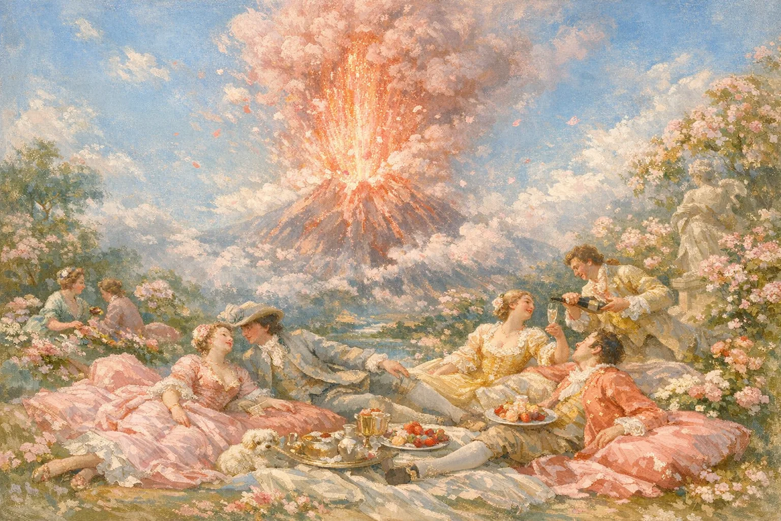 Picnic at the Volcano — French Rococo pastel × serene catastrophe