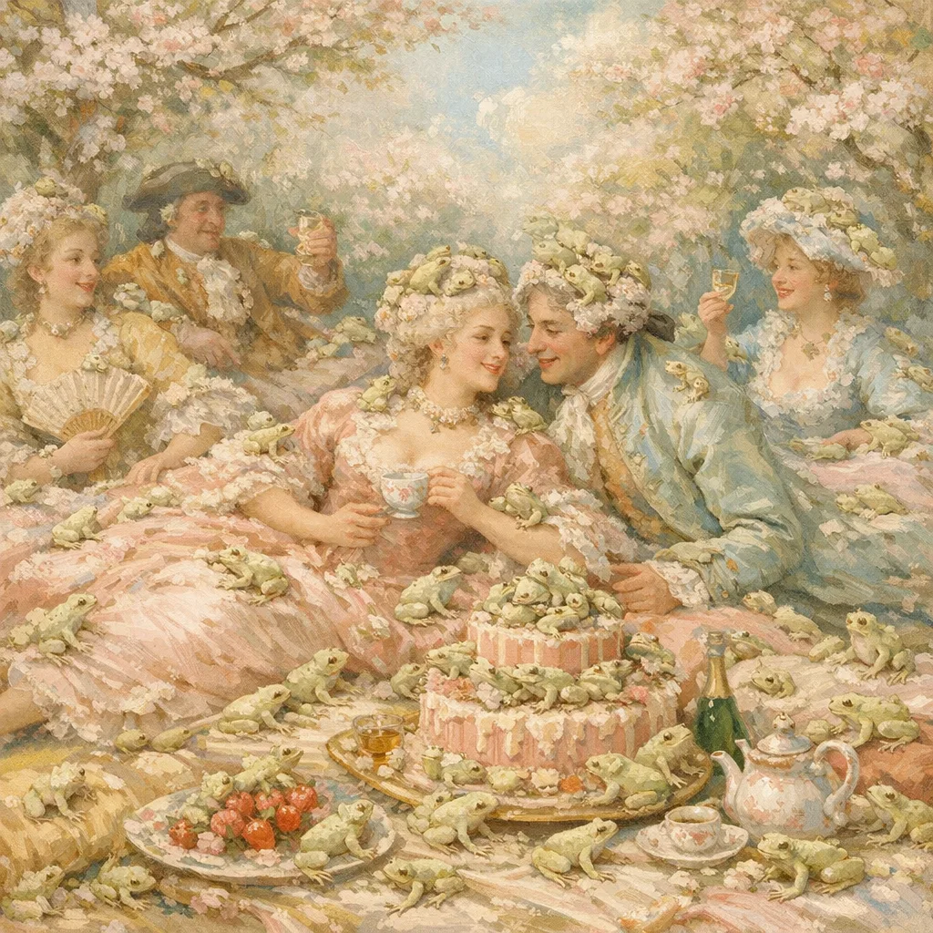 Plague of Frogs — French Rococo pastel × serene catastrophe
