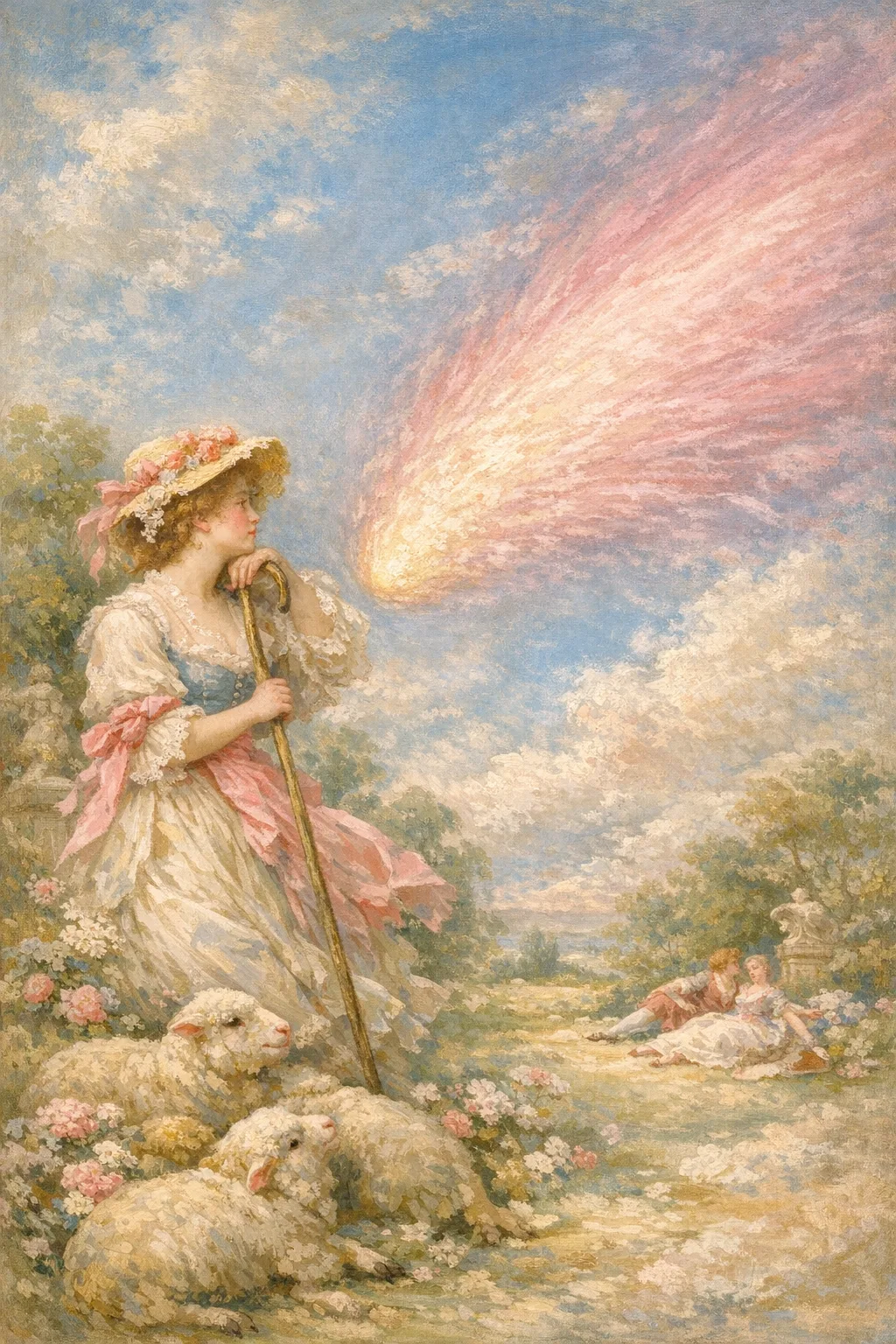 Shepherdess of the Comet — French Rococo pastel × serene catastrophe