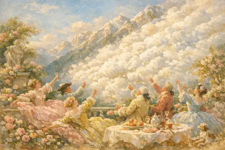 The Avalanche Soirée — French Rococo pastel × serene catastrophe