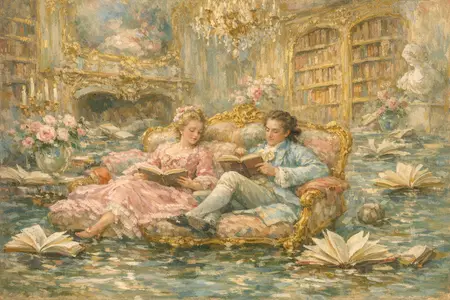 The Flooded Library — French Rococo pastel × serene catastrophe