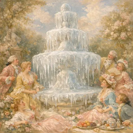 The Frozen Fountain — French Rococo pastel × serene catastrophe