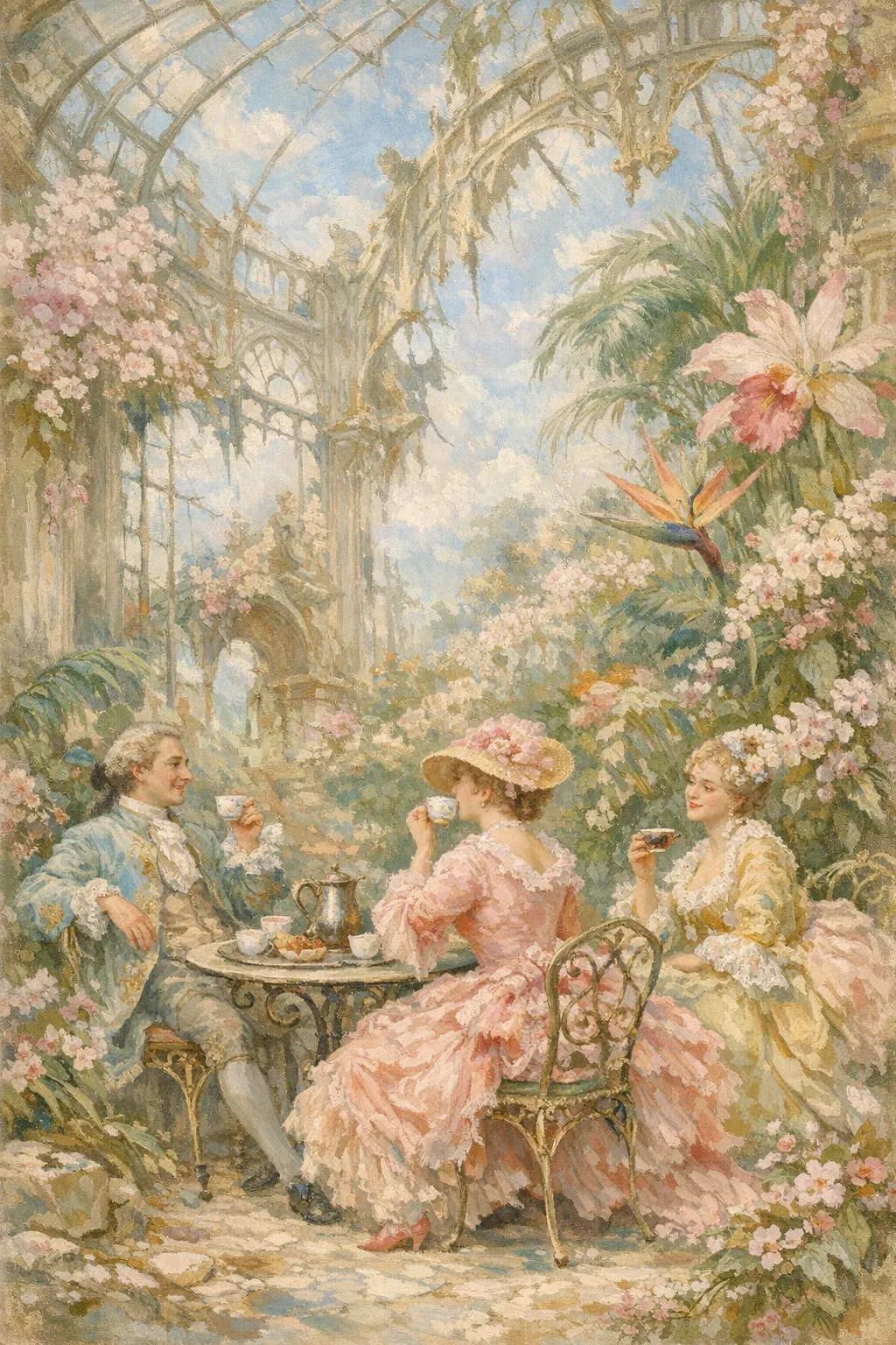 The Last Greenhouse — French Rococo pastel × serene catastrophe