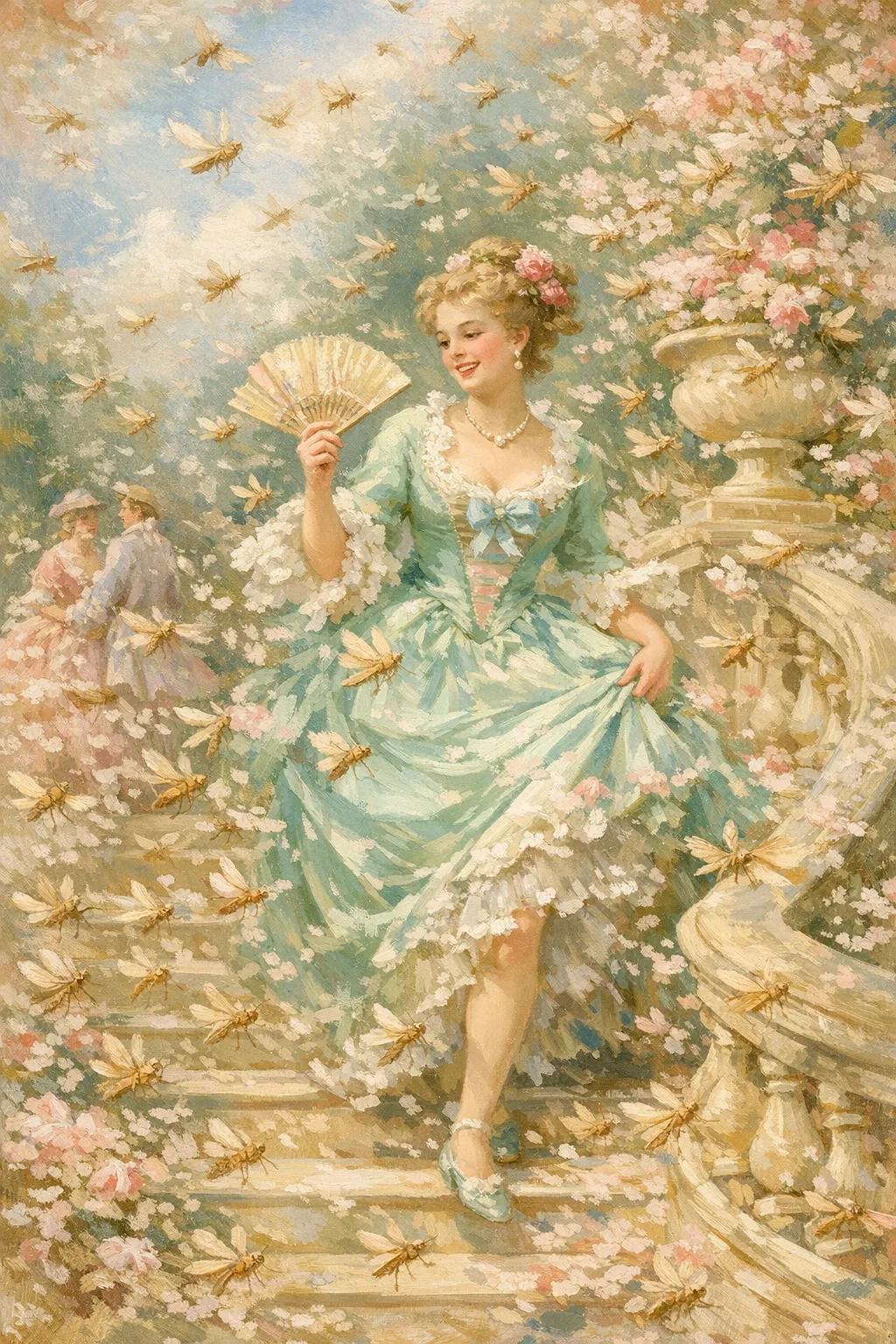 The Locust Ball — French Rococo pastel × serene catastrophe