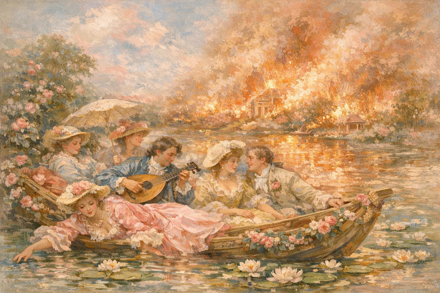 Wildfire Boating Party — French Rococo pastel × serene catastrophe