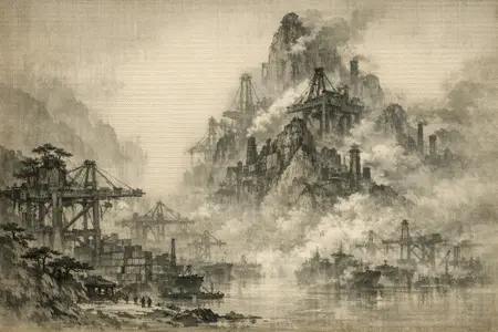 Harbour of the Long Exhale — Song dynasty ink landscape × heavy industry