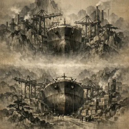 Inverted Dry Dock — Song dynasty ink landscape × heavy industry
