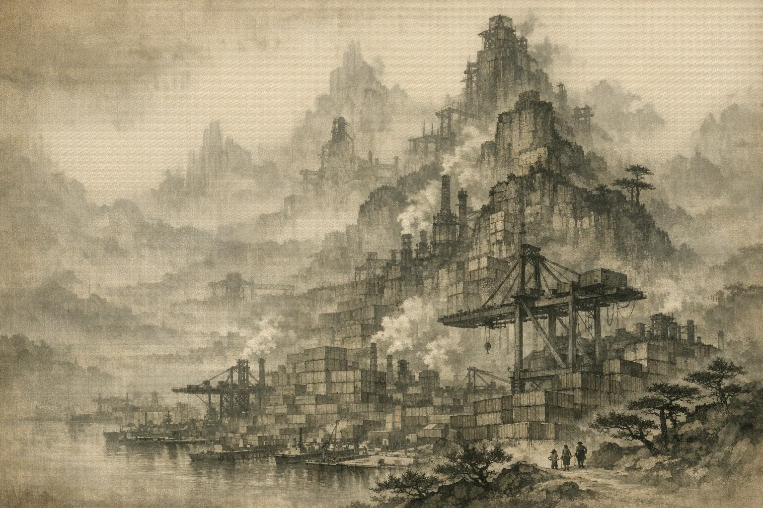 Mist With Too Many Distances — Song dynasty ink landscape × heavy industry