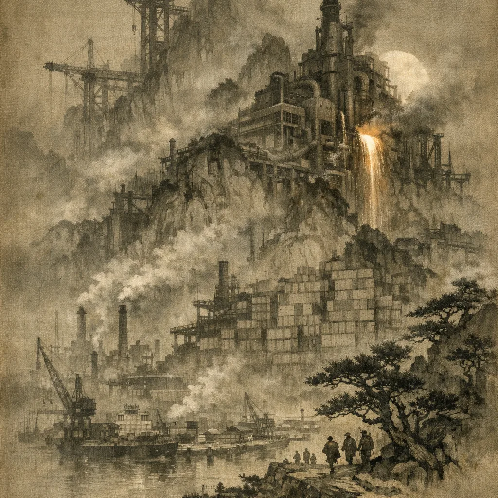 Night Furnace Moon — Song dynasty ink landscape × heavy industry