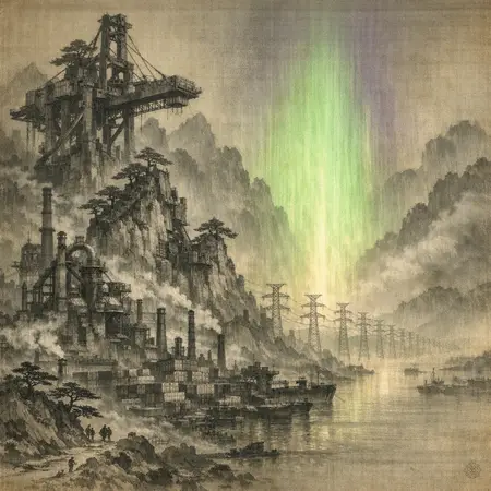 Pylons and the Cold Fire — Song dynasty ink landscape × heavy industry