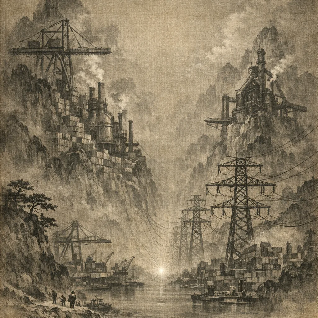 Pylons Going Inward — Song dynasty ink landscape × heavy industry
