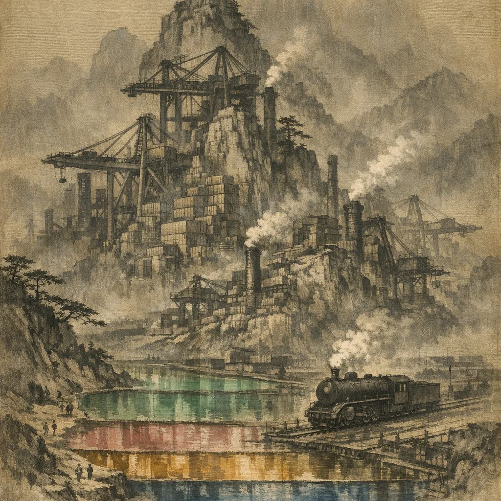 Railyard Terraces, Flooded — Song dynasty ink landscape × heavy industry