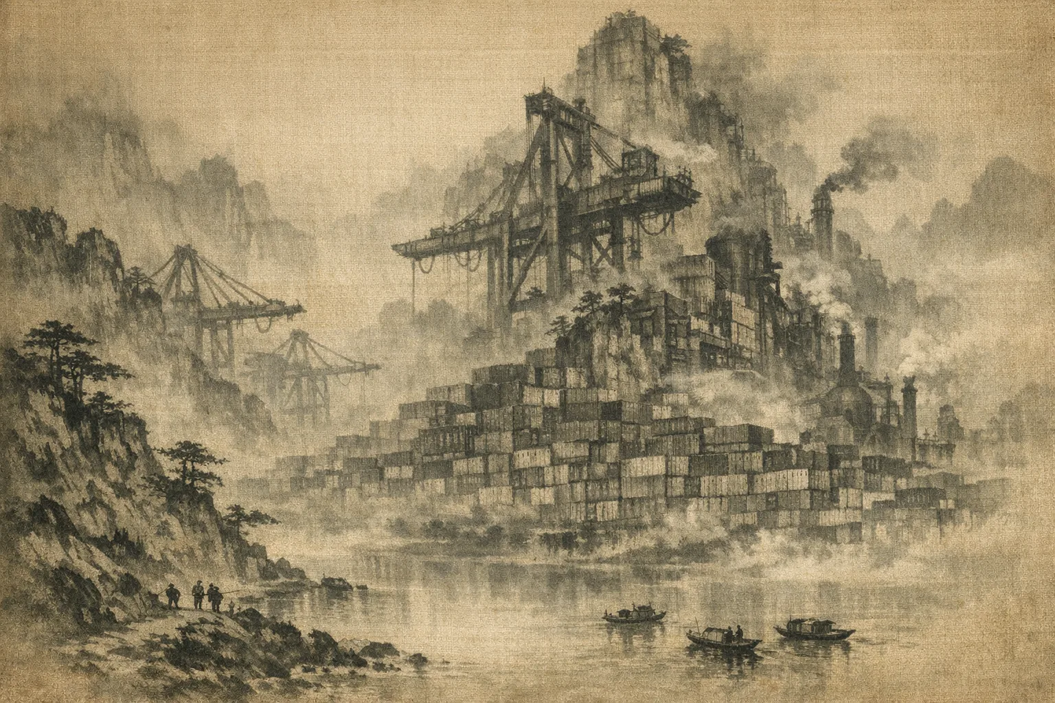 Ten Thousand Containers — Song dynasty ink landscape × heavy industry