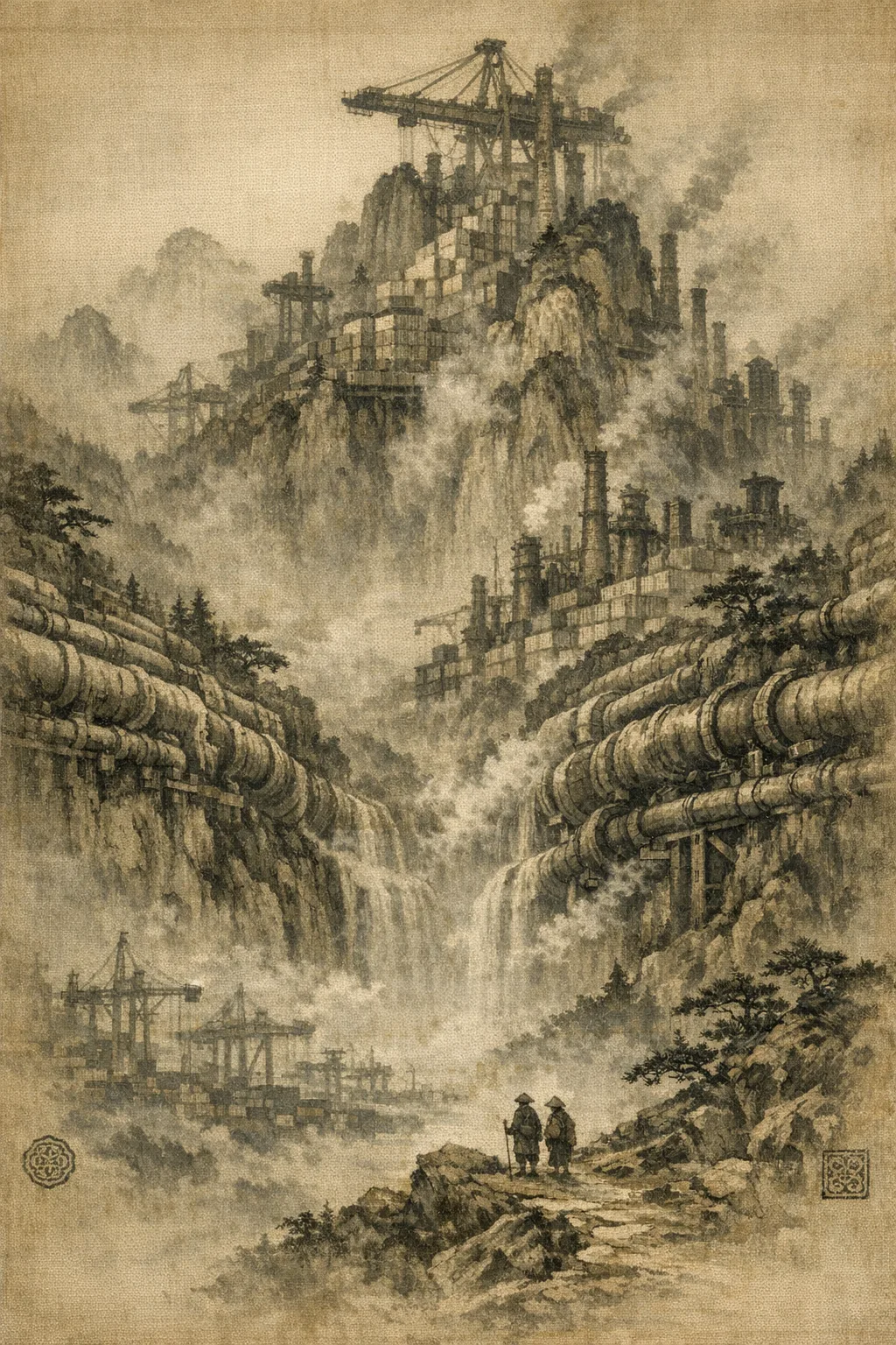 The Breathing Pipe Ravine — Song dynasty ink landscape × heavy industry