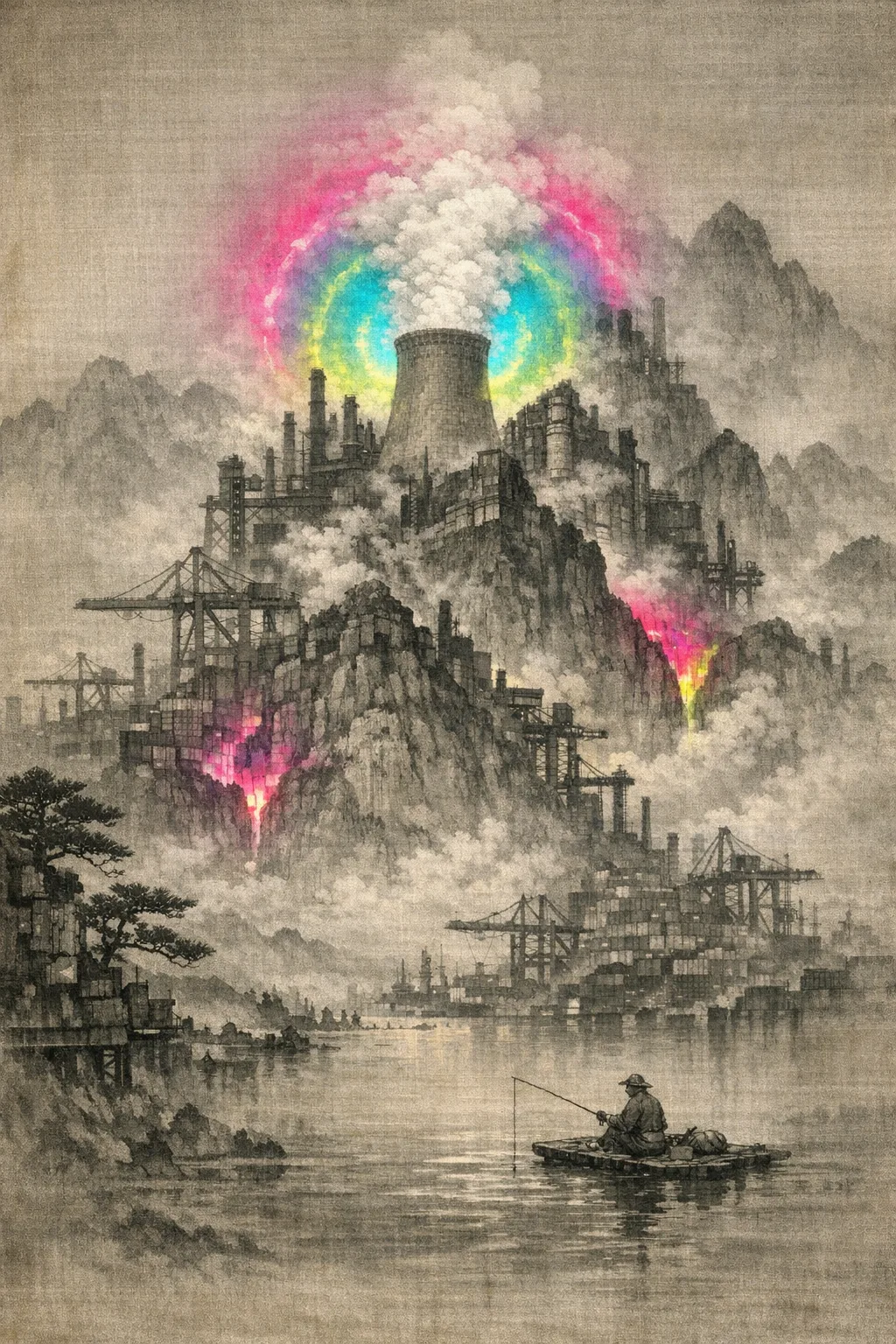 The Refinery Bloom — Song dynasty ink landscape × heavy industry