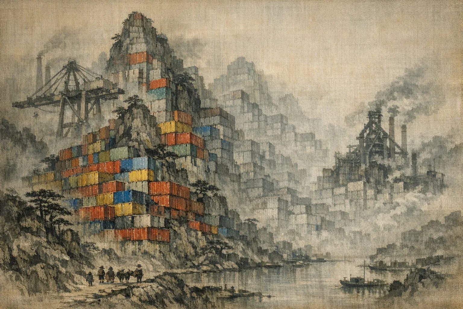 The Spectral Container Wall — Song dynasty ink landscape × heavy industry