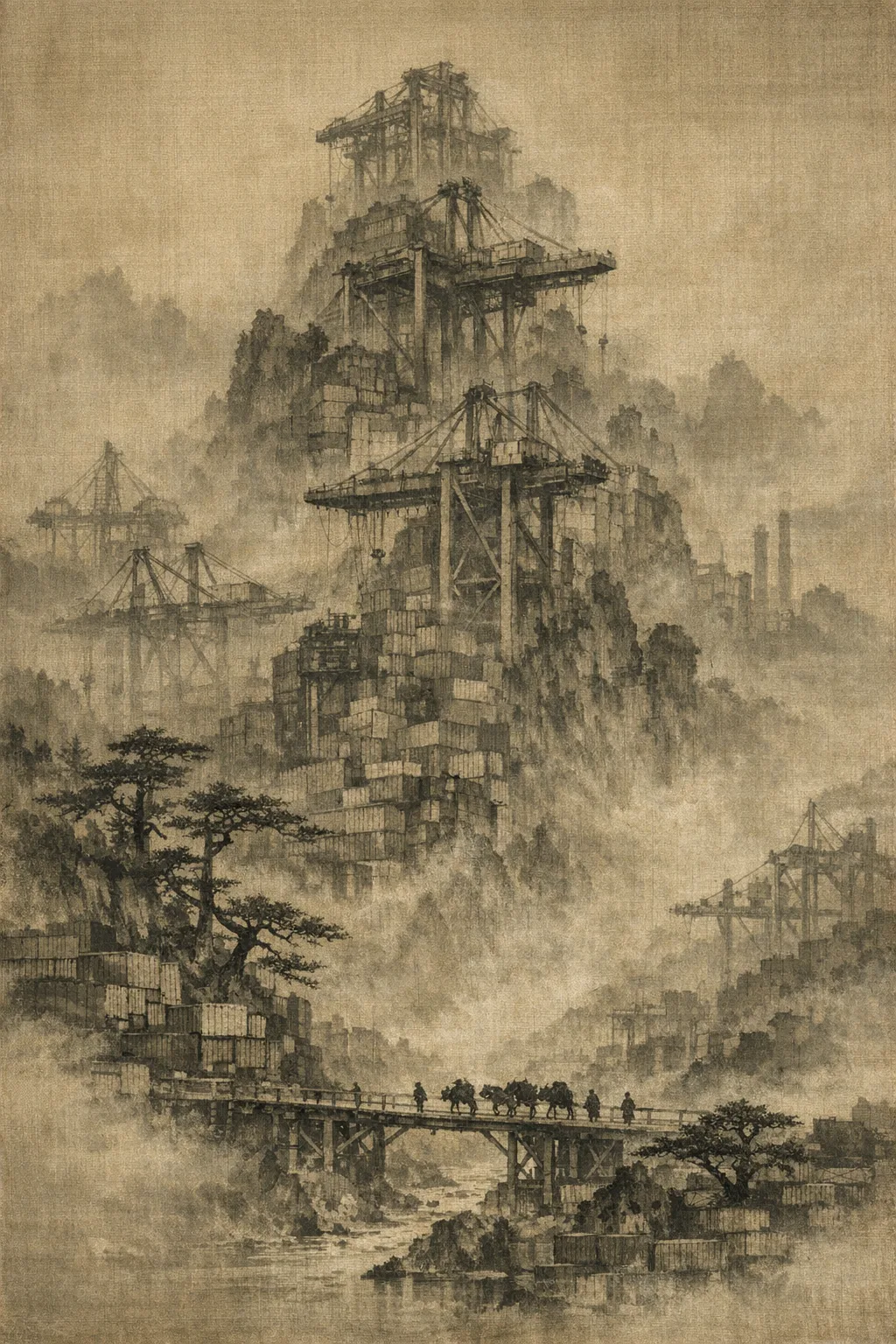 Travellers Among Cranes — Song dynasty ink landscape × heavy industry