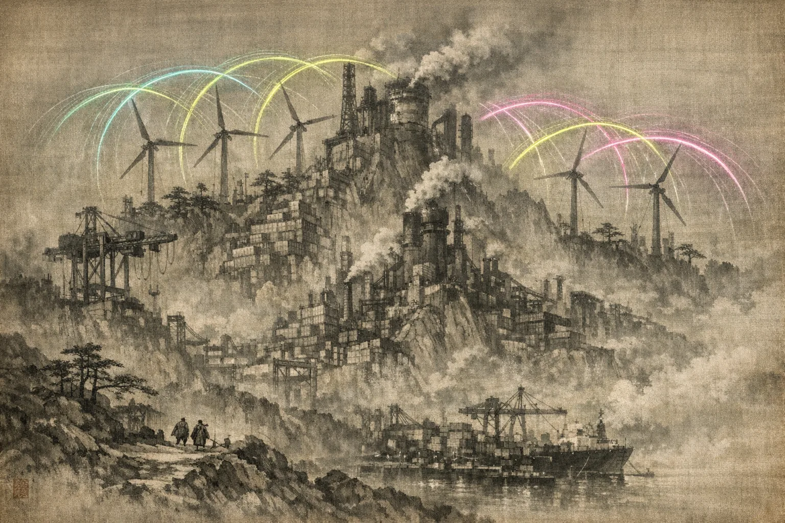 Turbine Ridge Aurora — Song dynasty ink landscape × heavy industry