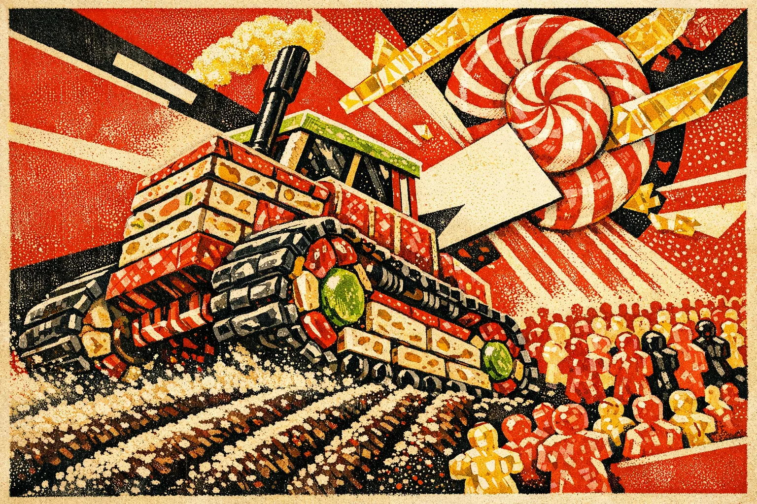 Tractor of Nougat — Soviet constructivist poster × confectionery