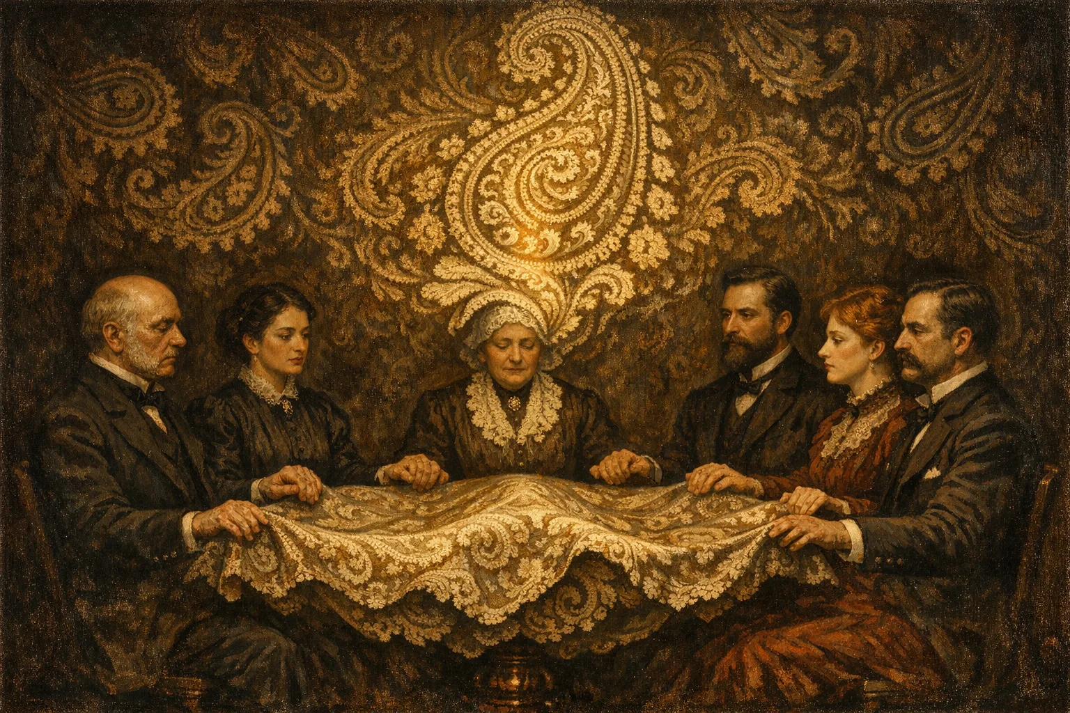 Séance Tablecloth — Victorian salon portraiture × occult psychedelia