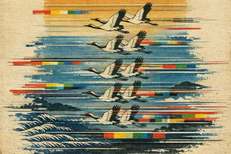 Cranes and Vertical Hold — Japanese ukiyo-e woodblock × broken CRT transmission
