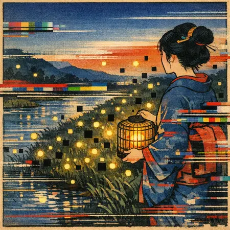 Fireflies and Dead Pixels — Japanese ukiyo-e woodblock × broken CRT transmission