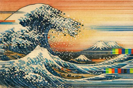 Great Wave of Signal — Japanese ukiyo-e woodblock × broken CRT transmission
