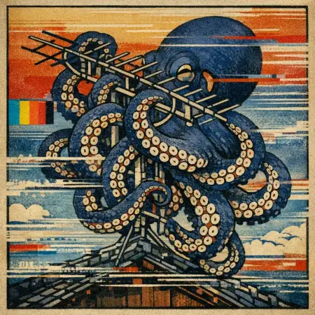 Octopus Antenna — Japanese ukiyo-e woodblock × broken CRT transmission